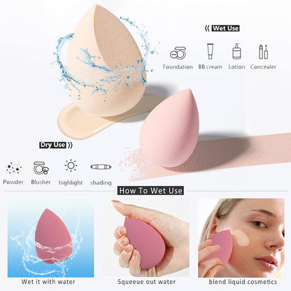 Flawless Makeup Sponges Set - 4 Premium Blending Sponges with Holder & Egg Case for Cream, Powder, and Liquid Application in Pink