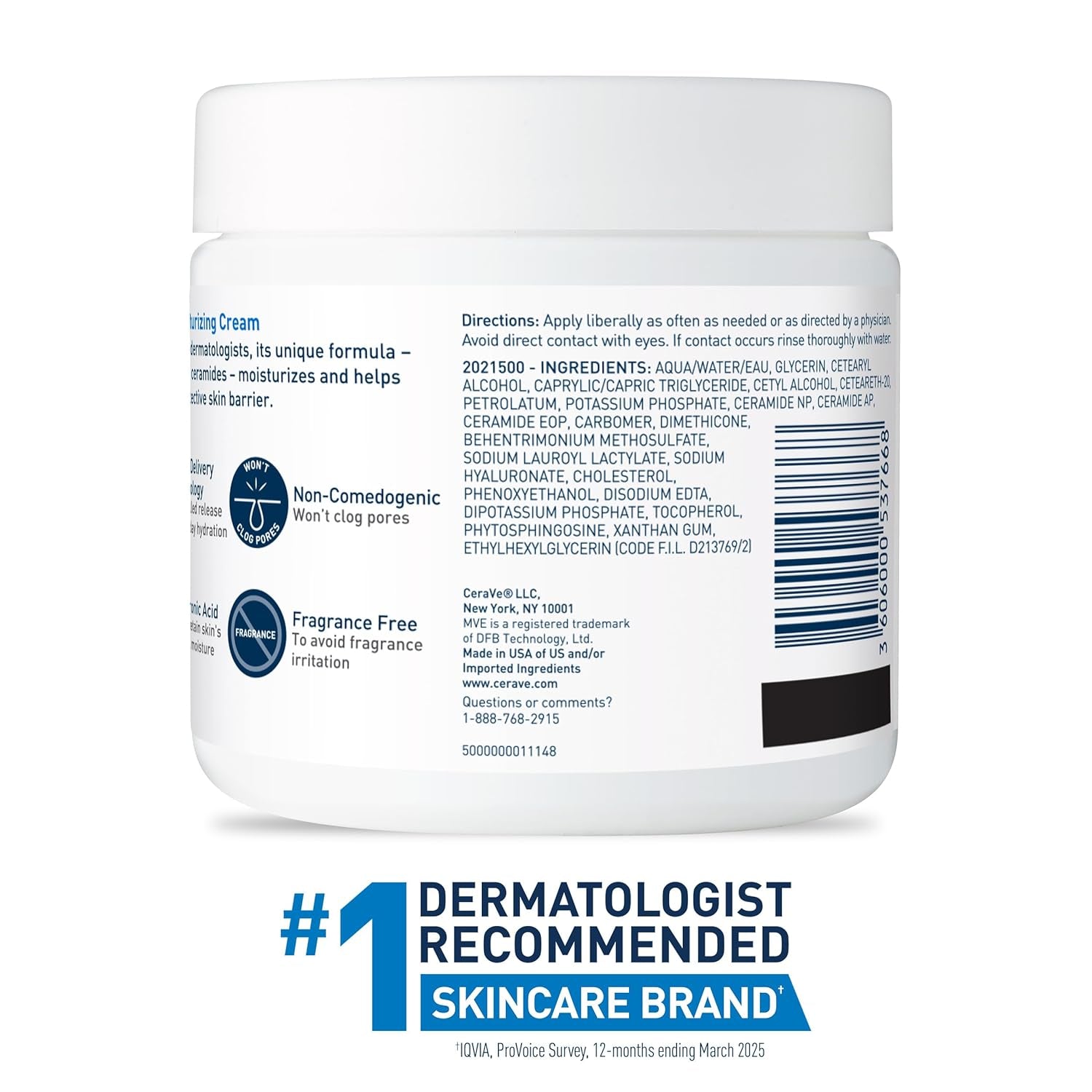 Moisturizing Cream, Body and Face Moisturizer for Dry Skin, Body Cream with Hyaluronic Acid and Ceramides, Daily Moisturizer, Oil-Free, Fragrance Free, Non-Comedogenic, 19 Ounce